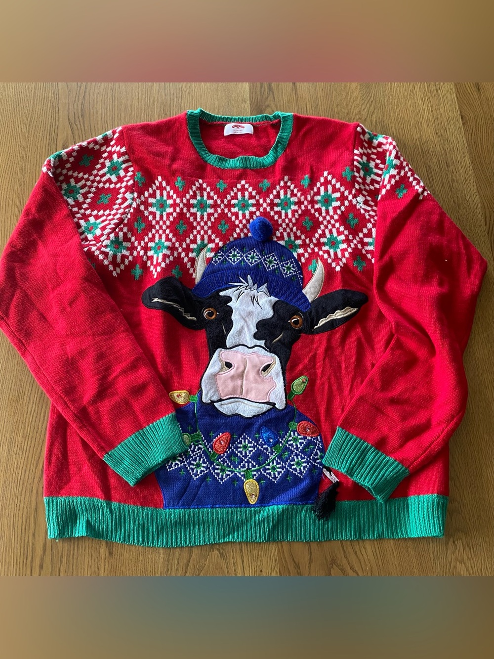 Festive Red Cow Knit Sweater - Holiday Novelty XL